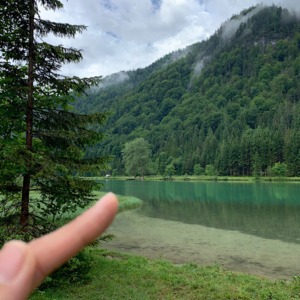 Wald Berg See, ein finger zeigt auf etwas